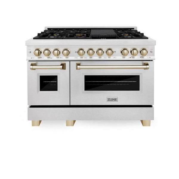 ZLINE Autograph Edition 48 in. 6.0 cu. ft. Dual Fuel Range with Gas Stove and Electric Oven in DuraSnow® Stainless Steel with Polished Gold Accents (RASZ-SN-48-G) front, oven closed.