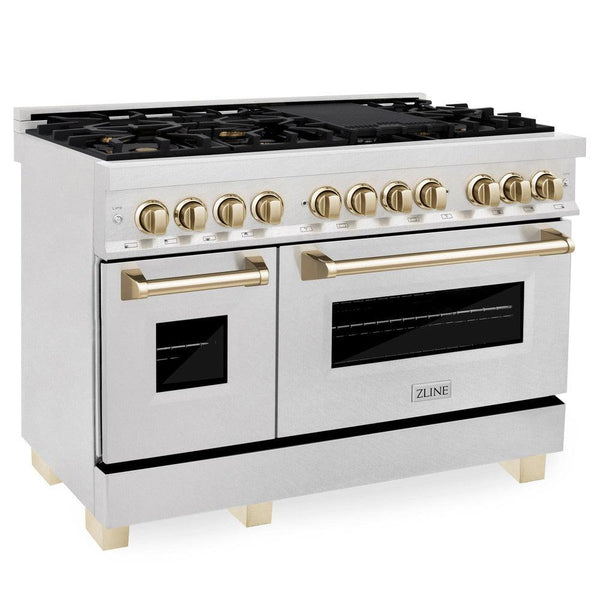 ZLINE Autograph Edition 48 in. 6.0 cu. ft. Dual Fuel Range with Gas Stove and Electric Oven in DuraSnow® Stainless Steel with Polished Gold Accents (RASZ-SN-48-G) side, oven closed.