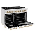 ZLINE Autograph Edition 48 in. 6.0 cu. ft. Dual Fuel Range with Gas Stove and Electric Oven in DuraSnow® Stainless Steel with Polished Gold Accents (RASZ-SN-48-G) side, oven open.