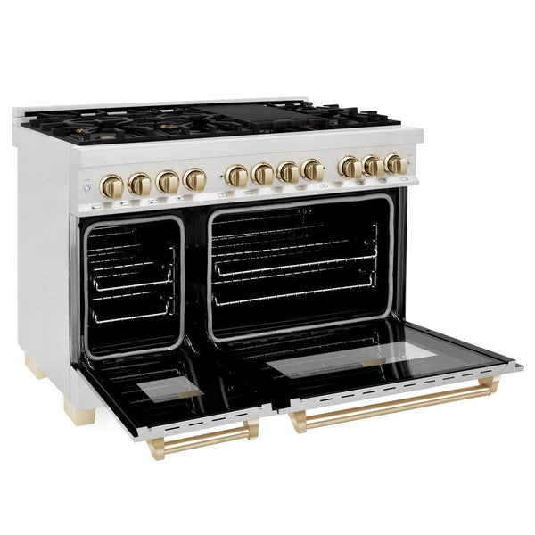 ZLINE Autograph Edition 48 in. 6.0 cu. ft. Dual Fuel Range with Gas Stove and Electric Oven in DuraSnow® Stainless Steel with Polished Gold Accents (RASZ-SN-48-G) side, oven open.