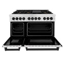 ZLINE Autograph Edition 48 in. 6.0 cu. ft. Dual Fuel Range with Gas Stove and Electric Oven in DuraSnow® Stainless Steel with Matte Black Accents (RASZ-SN-48-MB) front, oven door open.