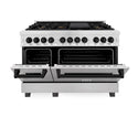 ZLINE Autograph Edition 48 in. 6.0 cu. ft. Dual Fuel Range with Gas Stove and Electric Oven in DuraSnow® Stainless Steel with Matte Black Accents (RASZ-SN-48-MB) front, oven door half open.
