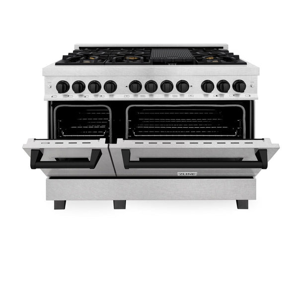 ZLINE Autograph Edition 48 in. 6.0 cu. ft. Dual Fuel Range with Gas Stove and Electric Oven in DuraSnow® Stainless Steel with Matte Black Accents (RASZ-SN-48-MB) front, oven door half open.