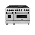 ZLINE Autograph Edition 48 in. 6.0 cu. ft. Dual Fuel Range with Gas Stove and Electric Oven in DuraSnow® Stainless Steel with Matte Black Accents (RASZ-SN-48-MB) front, oven closed.
