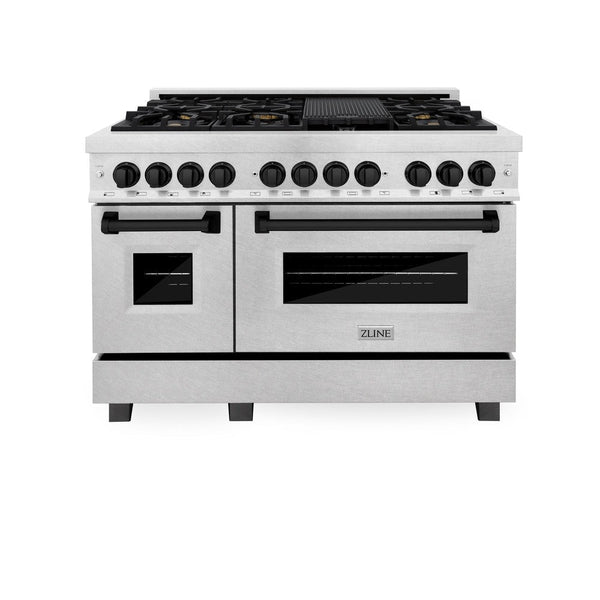 ZLINE Autograph Edition 48 in. 6.0 cu. ft. Dual Fuel Range with Gas Stove and Electric Oven in DuraSnow® Stainless Steel with Matte Black Accents (RASZ-SN-48-MB) front, oven closed.