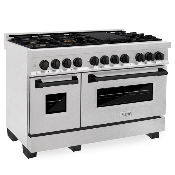 ZLINE Autograph Edition 48 in. 6.0 cu. ft. Dual Fuel Range with Gas Stove and Electric Oven in DuraSnow® Stainless Steel with Matte Black Accents (RASZ-SN-48-MB) side, oven closed.
