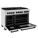 ZLINE Autograph Edition 48 in. 6.0 cu. ft. Dual Fuel Range with Gas Stove and Electric Oven in DuraSnow® Stainless Steel with Matte Black Accents (RASZ-SN-48-MB) side, oven door open.