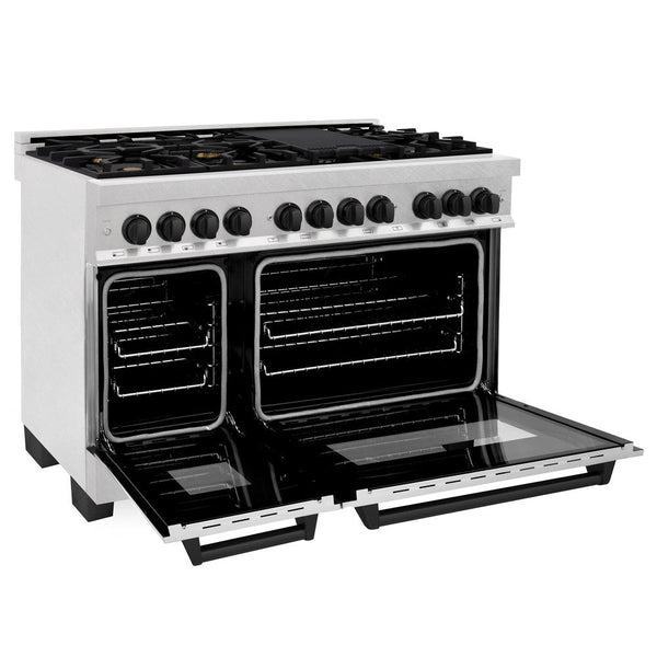 ZLINE Autograph Edition 48 in. 6.0 cu. ft. Dual Fuel Range with Gas Stove and Electric Oven in DuraSnow® Stainless Steel with Matte Black Accents (RASZ-SN-48-MB) side, oven door open.
