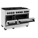 ZLINE Autograph Edition 48 in. 6.0 cu. ft. Dual Fuel Range with Gas Stove and Electric Oven in DuraSnow® Stainless Steel with Matte Black Accents (RASZ-SN-48-MB) side, oven door half open.