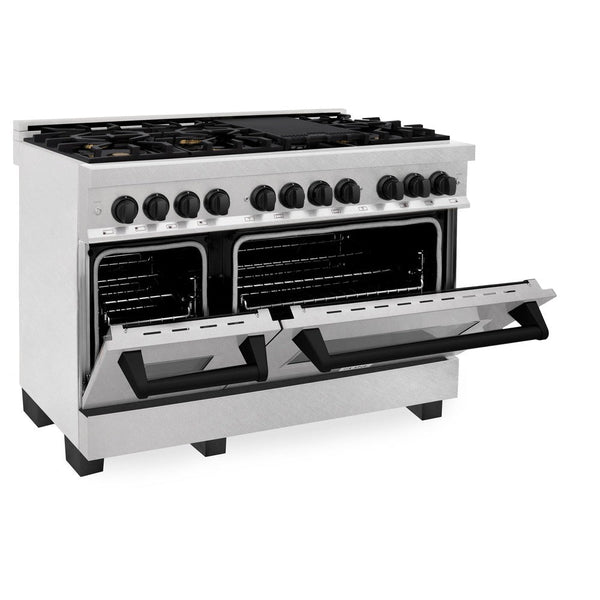 ZLINE Autograph Edition 48 in. 6.0 cu. ft. Dual Fuel Range with Gas Stove and Electric Oven in DuraSnow® Stainless Steel with Matte Black Accents (RASZ-SN-48-MB) side, oven door half open.