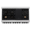 ZLINE Autograph Edition 48 in. 6.0 cu. ft. Dual Fuel Range with Gas Stove and Electric Oven in DuraSnow® Stainless Steel with Matte Black Accents (RASZ-SN-48-MB) from above showing cooktop with gas burners and cast-iron grates.