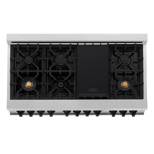 ZLINE Autograph Edition 48 in. 6.0 cu. ft. Dual Fuel Range with Gas Stove and Electric Oven in DuraSnow® Stainless Steel with Matte Black Accents (RASZ-SN-48-MB) from above showing cooktop with gas burners and cast-iron grates.