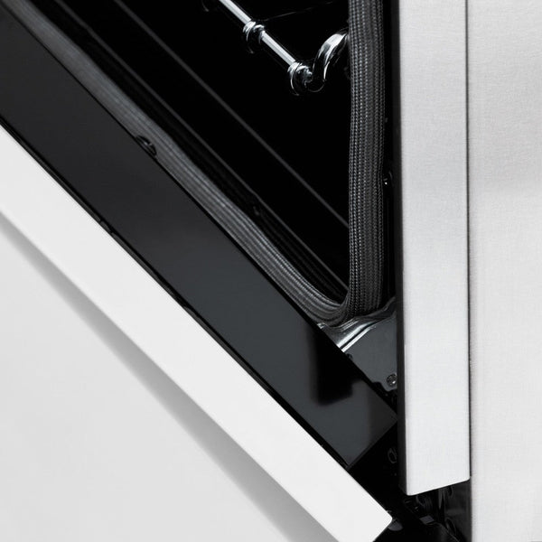 Close-up StayPut Oven Door Hinges on ZLINE Autograph Edition 36 in. 4.6 cu. ft. Dual Fuel Range with Gas Stove and Electric Oven in DuraSnow® Stainless Steel with White Matte Door and Champagne Bronze Accents (RASZ-WM-36-CB)