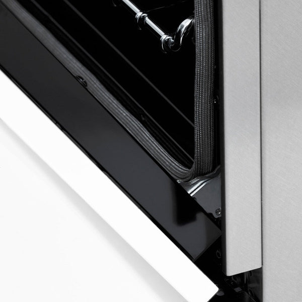 Close-up StayPut Oven Door Hinges on ZLINE Autograph Edition 48 in. 6.0 cu. ft. Dual Fuel Range with Gas Stove and Electric Oven in DuraSnow® Stainless Steel with White Matte Doors and Champagne Bronze Accents (RASZ-WM-48-CB)