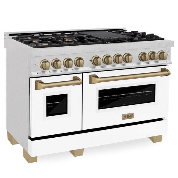 ZLINE Autograph Edition 48 in. 6.0 cu. ft. Dual Fuel Range with Gas Stove and Electric Oven in DuraSnow® Stainless Steel with White Matte Doors and Champagne Bronze Accents (RASZ-WM-48-CB) side, oven closed.
