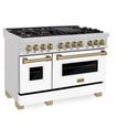 ZLINE Autograph Edition 48 in. 6.0 cu. ft. Dual Fuel Range with Gas Stove and Electric Oven in DuraSnow® Stainless Steel with White Matte Doors and Champagne Bronze Accents (RASZ-WM-48-CB) side, oven closed.