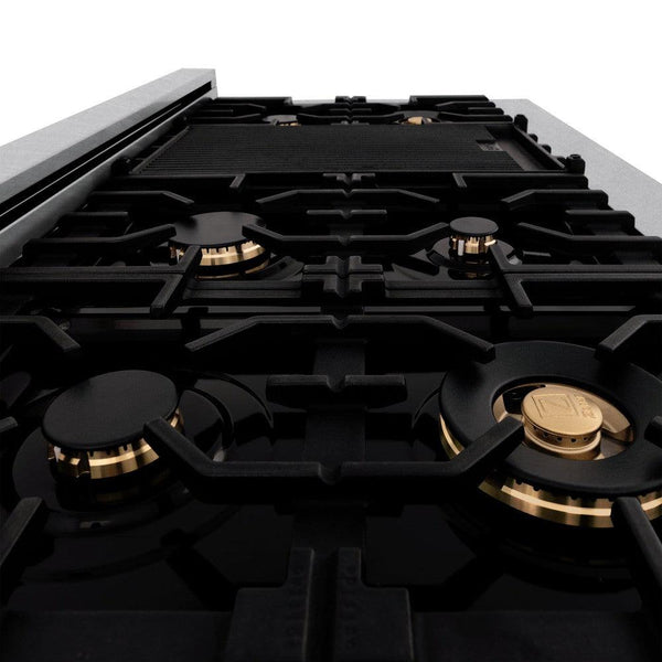 ZLINE brass burners, cast iron grates, and griddle on black porcelain cooktop.