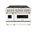 ZLINE Autograph Edition 48 in. 6.0 cu. ft. Dual Fuel Range with Gas Stove and Electric Oven in DuraSnow® Stainless Steel with White Matte Doors and Polished Gold Accents (RASZ-WM-48-G) front, oven closed.