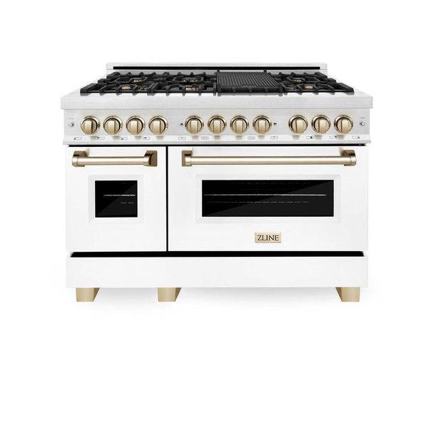 ZLINE Autograph Edition 48 in. 6.0 cu. ft. Dual Fuel Range with Gas Stove and Electric Oven in DuraSnow® Stainless Steel with White Matte Doors and Polished Gold Accents (RASZ-WM-48-G) front, oven closed.