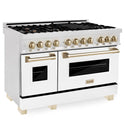 ZLINE Autograph Edition 48 in. 6.0 cu. ft. Dual Fuel Range with Gas Stove and Electric Oven in DuraSnow® Stainless Steel with White Matte Doors and Polished Gold Accents (RASZ-WM-48-G) side, oven closed.