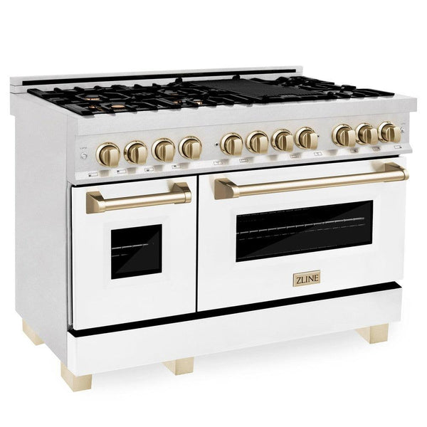 ZLINE Autograph Edition 48 in. 6.0 cu. ft. Dual Fuel Range with Gas Stove and Electric Oven in DuraSnow® Stainless Steel with White Matte Doors and Polished Gold Accents (RASZ-WM-48-G) side, oven closed.