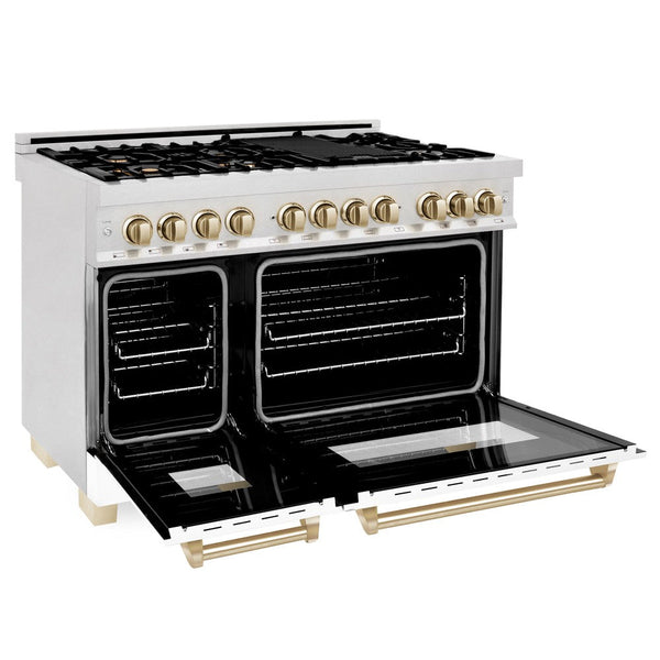 ZLINE Autograph Edition 48 in. 6.0 cu. ft. Dual Fuel Range with Gas Stove and Electric Oven in DuraSnow® Stainless Steel with White Matte Doors and Polished Gold Accents (RASZ-WM-48-G) side, oven open.