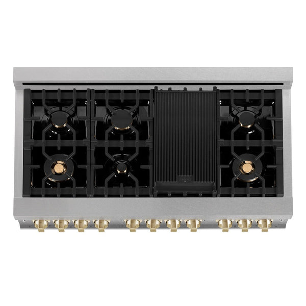 ZLINE Autograph Edition 48 in. 6.0 cu. ft. Dual Fuel Range with Gas Stove and Electric Oven in DuraSnow® Stainless Steel with White Matte Doors and Polished Gold Accents (RASZ-WM-48-G) from above showing cooktop with gas burners and cast-iron grates.