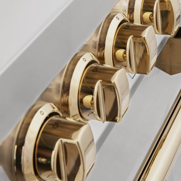 ZLINE Autograph Edition 24 in. 2.8 cu. ft. Dual Fuel Range with Gas Stove and Electric Oven in Stainless Steel with Polished Gold Accents (RAZ-24-G) close-up, Polished Gold knobs.
