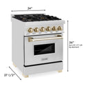 ZLINE Autograph Edition 24 in. 2.8 cu. ft. Dual Fuel Range with Gas Stove and Electric Oven in Stainless Steel with Polished Gold Accents (RAZ-24-G) dimensional diagram with measurements.