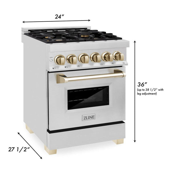 ZLINE Autograph Edition 24 in. 2.8 cu. ft. Dual Fuel Range with Gas Stove and Electric Oven in Stainless Steel with Polished Gold Accents (RAZ-24-G) dimensional diagram with measurements.