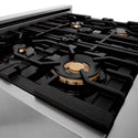 ZLINE Autograph Edition 30 in. 4.0 cu. ft. Dual Fuel Range with Gas Stove and Electric Oven in Stainless Steel with Matte Black Accents (RAZ-30-MB) brass burners on black porcelain cooktop with cast-iron grates.