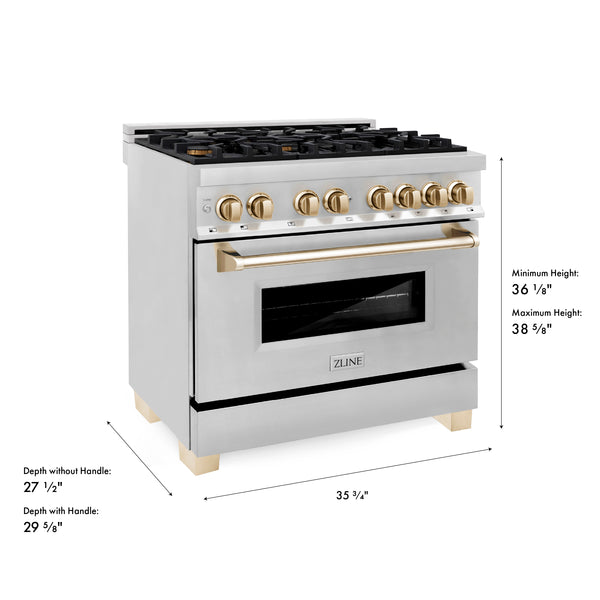 ZLINE Autograph Edition 36 in. 4.6 cu. ft. Legacy Dual Fuel Range with 6 Burner Gas Cooktop and Electric Convection Oven in Stainless Steel and Polished Gold Accents (RAZ-36-G)