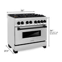 ZLINE Autograph Edition 36 in. Kitchen Package with Stainless Steel Dual Fuel Range and Range Hood with Matte Black Accents (2AKP-RARH36-MB) dimensional diagram with measurements.
