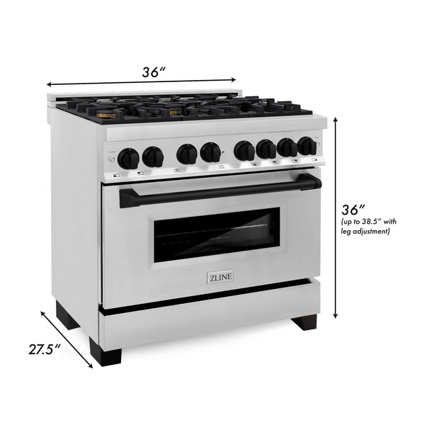 ZLINE Autograph Edition 36 in. Kitchen Package with Stainless Steel Dual Fuel Range and Range Hood with Matte Black Accents (2AKP-RARH36-MB) dimensional diagram with measurements.