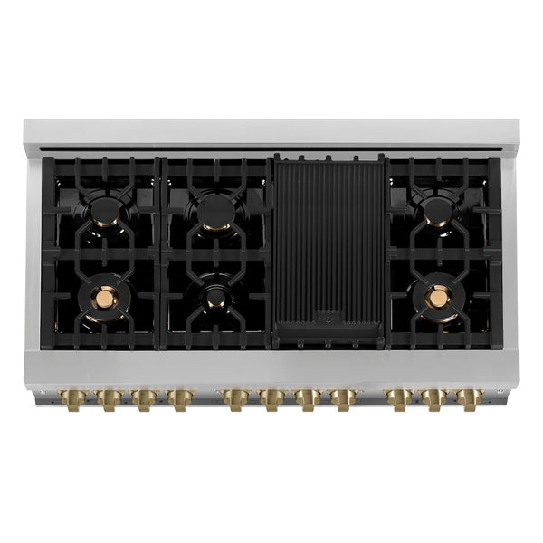ZLINE Autograph Edition 48 in. 6.0 cu. ft. Legacy Dual Fuel Range with 7 Burner Gas Cooktop and 2 Electric Ovens in Stainless Steel and Champagne Bronze Accents (RAZ-48-CB)