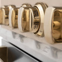 ZLINE Autograph Edition 48 in. 6.0 cu. ft. Dual Fuel Range with Gas Stove and Electric Oven in Stainless Steel with Polished Gold Accents (RAZ-48-G) close-up, Polished Gold knobs.