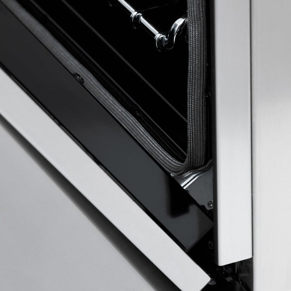 Close-up StayPut Oven Door Hinges on ZLINE Autograph Edition 48 in. 6.0 cu. ft. Dual Fuel Range with Gas Stove and Electric Oven in Stainless Steel with Polished Gold Accents (RAZ-48-G)