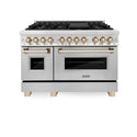 ZLINE Autograph Edition 48 in. 6.0 cu. ft. Dual Fuel Range with Gas Stove and Electric Oven in Stainless Steel with Polished Gold Accents (RAZ-48-G) front, oven closed.
