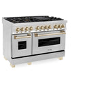 ZLINE Autograph Edition 48 in. 6.0 cu. ft. Dual Fuel Range with Gas Stove and Electric Oven in Stainless Steel with Polished Gold Accents (RAZ-48-G) side, oven door closed.