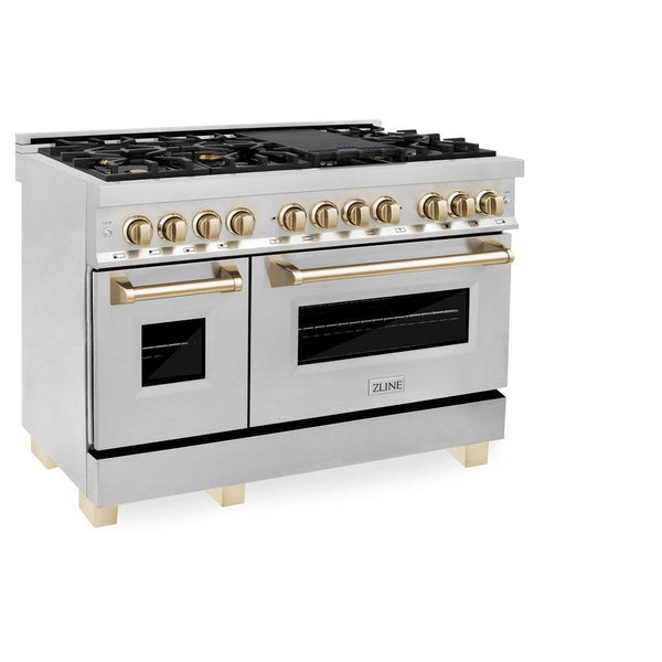 ZLINE Autograph Edition 48 in. 6.0 cu. ft. Dual Fuel Range with Gas Stove and Electric Oven in Stainless Steel with Polished Gold Accents (RAZ-48-G) side, oven door closed.