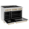 ZLINE Autograph Edition 48 in. 6.0 cu. ft. Dual Fuel Range with Gas Stove and Electric Oven in Stainless Steel with Polished Gold Accents (RAZ-48-G) side, oven open.