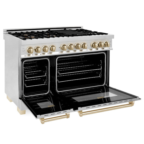 ZLINE Autograph Edition 48 in. 6.0 cu. ft. Dual Fuel Range with Gas Stove and Electric Oven in Stainless Steel with Polished Gold Accents (RAZ-48-G) side, oven open.