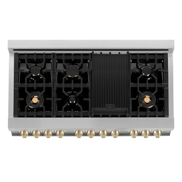 ZLINE Autograph Edition 48 in. 6.0 cu. ft. Dual Fuel Range with Gas Stove and Electric Oven in Stainless Steel with Polished Gold Accents (RAZ-48-G) from above showing cooktop with gas burners and cast-iron grates.