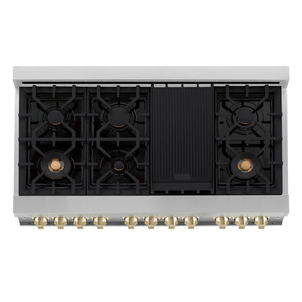 ZLINE Autograph Edition 48-inch RA Dual Fuel Range from above showing 7-burner black porcelain cooktop with griddle, brass burners, and cast-iron grates.