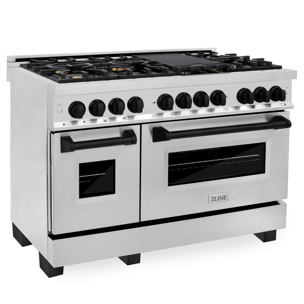ZLINE Autograph Edition 48 in. Kitchen Package with Stainless Steel Dual Fuel Range and Range Hood with Matte Black Accents (2AKP-RARH48-MB)