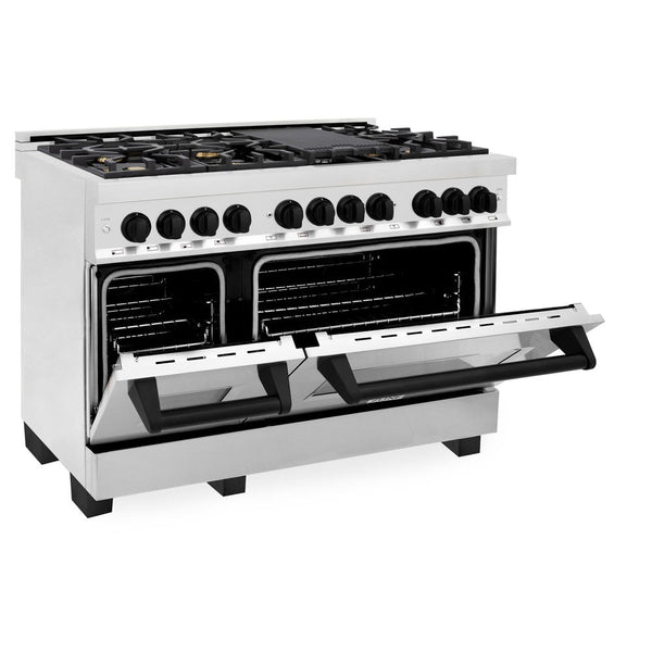 ZLINE Autograph Edition 48 in. Kitchen Package with Stainless Steel Dual Fuel Range, Range Hood, Dishwasher and Refrigeration Including External Water Dispenser with Matte Black Accents (4AKPR-RARHDWM48-MB) 