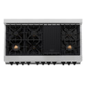 ZLINE Autograph Edition 48-inch RA Dual Fuel Range from above showing 7-burner black porcelain cooktop with griddle, brass burners, and cast-iron grates.