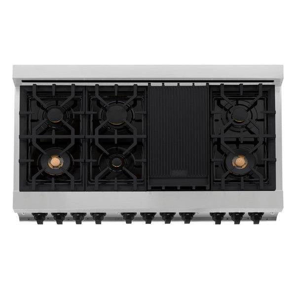ZLINE Autograph Edition 48-inch RA Dual Fuel Range from above showing 7-burner black porcelain cooktop with griddle, brass burners, and cast-iron grates.