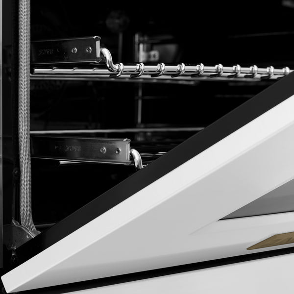 ZLINE Autograph Edition 36 in. 4.6 cu. ft. Legacy Dual Fuel Range with 6 Burner Gas Cooktop and Electric Convection Oven in Stainless Steel with White Matte Door and Champagne Bronze Accents (RAZ-WM-36-CB)