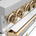 ZLINE Autograph Edition 36 in. 4.6 cu. ft. Dual Fuel Range with Gas Stove and Electric Oven in Stainless Steel with White Matte Door and Polished Gold Accents (RAZ-WM-36-G) close-up, Polished Gold knobs.